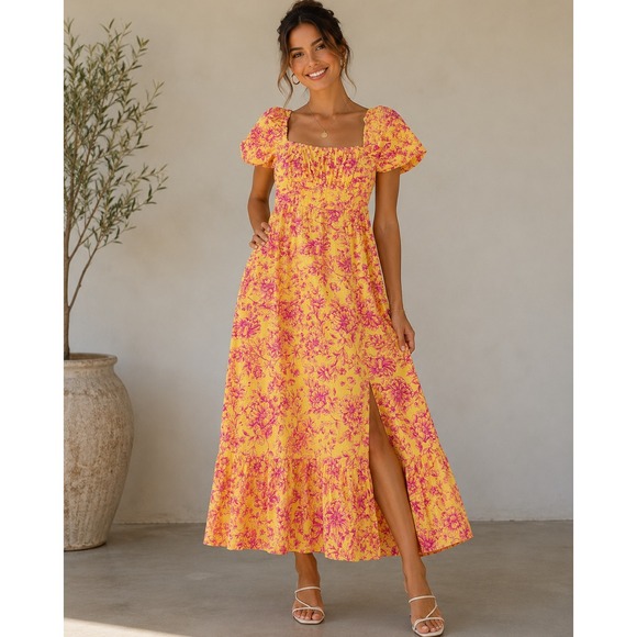 London Times Dresses & Skirts - London Times Yellow Pink Floral Linen Smocked Puff Sleeve Maxi Dress 4 Milkmaid